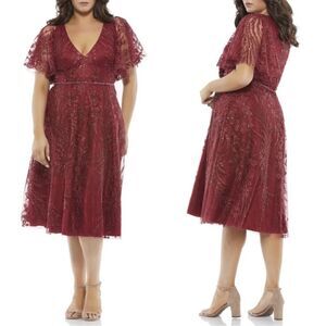 Mac Duggal Burgundy Flutter Sleeve Beaded A Line Midi Dress NWT Size 14W